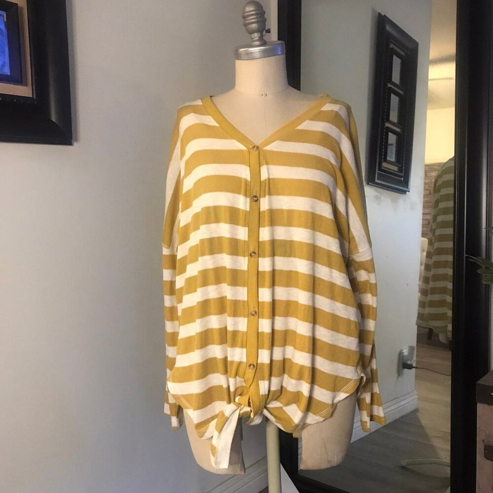 Kori White & Yellow Striped Women's Oversized Lightweight Top Blouse Small